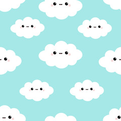 Seamless Pattern. Cloud in the sky. Cute cartoon kawaii funny smiling baby character. Wrapping paper, textile template. Nursery decoration. Blue background. Flat design