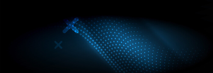 Obraz premium Glowing abstract wave on dark, shiny motion, Christmas and New Year magic space light. Techno abstract background