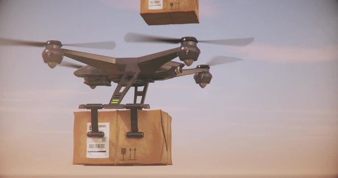 Delivery drones - Group of Quadrocopters delivering packages. Fast autonomous drone delivery. 3d animation, 4K prores.