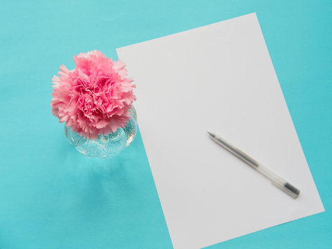 Blank white paper with pink Carnation flower isolated on blue background, vintage mode, mother's day concept, high resolution image.