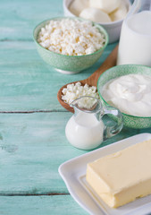 dairy products on wooden surface