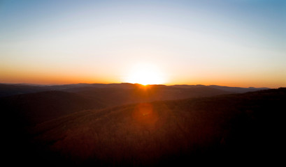 aerial drone flight, direction Vienna over the Vienna Woods at sunrise, Königstetten, lower Austria, Wienerwald
