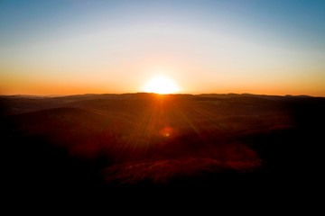 aerial drone flight, direction Vienna over the Vienna Woods at sunrise, Königstetten, lower Austria, Wienerwald
