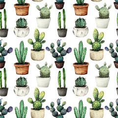 Cactus in pots,Watercolor illustration,set of plants, postcard for you, handmade, white background, seamless pattern, light  background