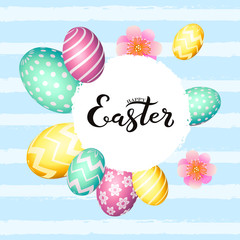 Hand sketched inscription Happy Easter text, holiday greeting card. Hand drawn Easter poster, banner template, lettering typography. Text with egg and flower circle frame
