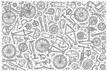 Hand drawn bicycle mechanic set doodle vector background