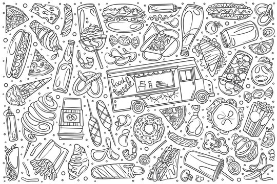 Hand drawn food truck set doodle vector background
