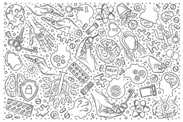 Fototapeta na wymiar Hand drawn psychologist set doodle vector background