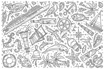 Hand drawn ship cruise set doodle vector background