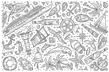 Fototapeta premium Hand drawn ship cruise set doodle vector background