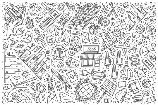 Hand drawn smart city set doodle vector background