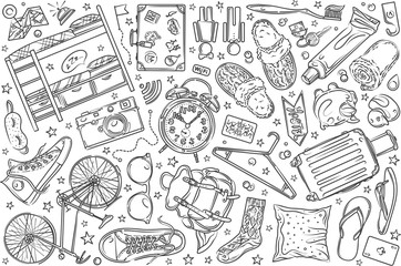 Hand drawn hostel set doodle vector background