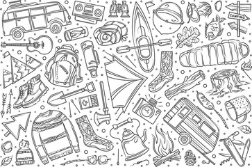 Fototapeta premium Hand drawn hiking and camping set doodle