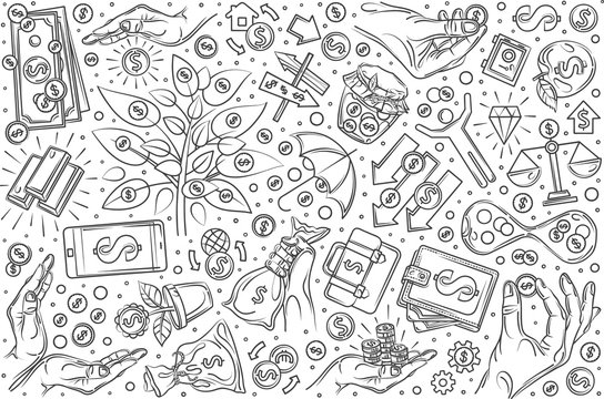 Hand drawn investment set doodle vector background