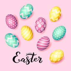 Hand sketched inscription Happy Easter text, holiday greeting card. Hand drawn Easter poster, banner template, lettering typography. Text with egg and flower decorative frame