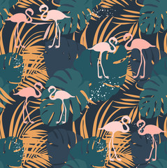 Seamless pattern with flamingo and tropical leaves