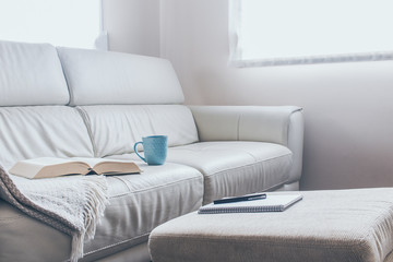 sofa, book and cup