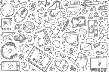 Hand drawn social media set doodle vector background