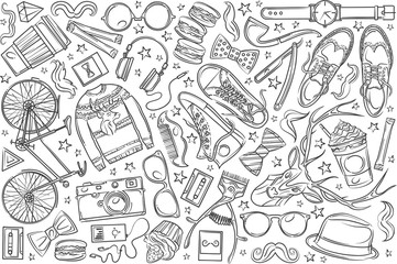 Hand drawn hipster elements and clothes doodle.