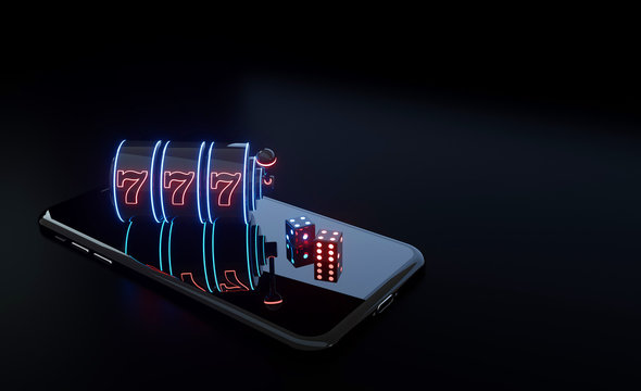 Smartphone Casino Concept - 3D Illustration, Slot Machine And Dices With Futuristic Red And Blue Neon Lights  