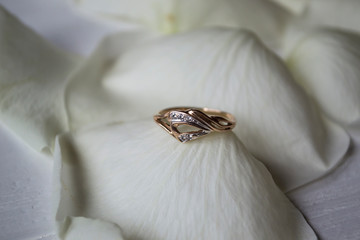 Wedding ring on white petals of roses.