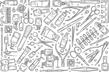 Hand drawn nail salon tools.