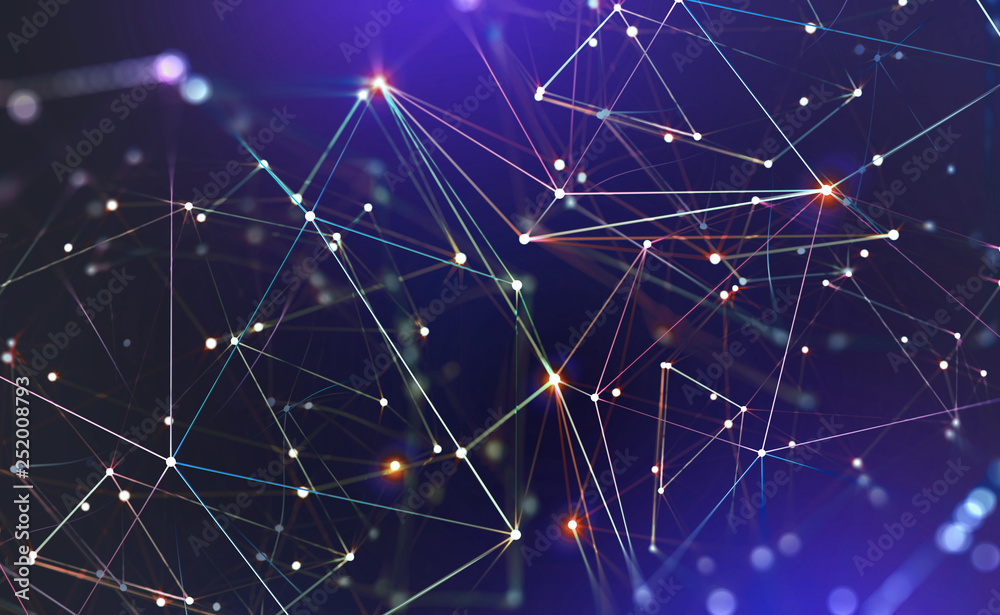 Poster Global neural network. Communication technology of the future. Big Data concept. 3D illustration of a polygonal mesh in abstract cyberspace