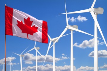 Canada alternative energy, wind energy industrial concept with windmills and flag industrial illustration - renewable alternative energy, 3D illustration