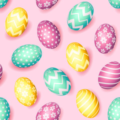 Seamless Happy Easter pattern with realistic eggs with different ornament, holiday background, vector illustration. Fabric and paper, wallpaper print, packaging design template.