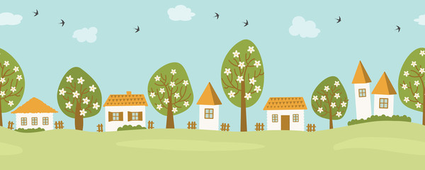 Spring in the village. Country landscape. Seamless border.  There are houses and  blooming trees against the sky with clouds. There are also swallow birds in the picture. Vector flat illustration.