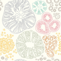 Seamless pattern with sea inhabitants in pastel colors.Underwater background. Hand drawn illustration with corals, seashell and bubbles. Marine theme.  Hand drawn doodle style.