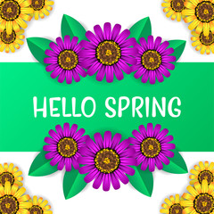 Hello Spring poster background with colorful beauty flower blossom from top view