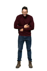 Full-length shot of Handsome man with glasses smiling a lot while putting hands on chest on isolated white background