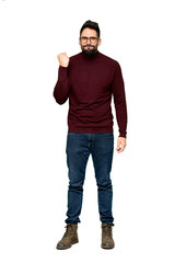 Full-length shot of Handsome man with glasses with angry gesture on isolated white background