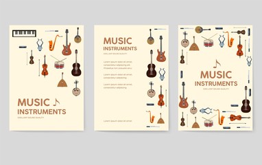 Music instruments  vector brochure cards set.  Audio tools template of flyear, magazines, poster, book cover, banners. Concert invitation concept background. Layout illustration modern page background