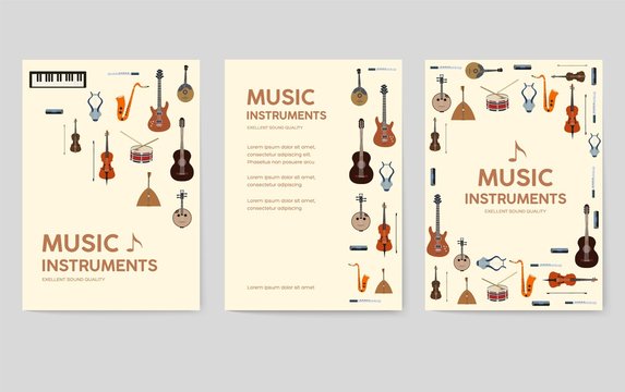 Music instruments  vector brochure cards set.  Audio tools template of flyear, magazines, poster, book cover, banners. Concert invitation concept background. Layout illustration modern page background