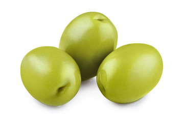 Three delicious green olives, isolated on white background