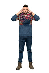 Full-length shot of Hippie man unhappy and frustrated with something on isolated white background