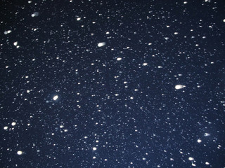 Dark night with falling real snowflakes.