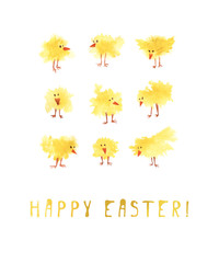 Happy Easter card. Watercolor holiday banner. Poster with funny yellow chickens. Watercolor illustration. Lettering.