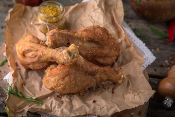 Juicy, crispy fried chicken leg for take away or food delivery  on wooden background, rustic style. Fast food 
