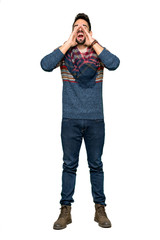 Full-length shot of Hippie man shouting and announcing something on isolated white background