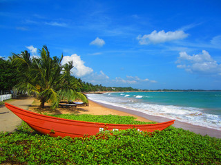 Red boat in a grass under palm tree on sandy beach with sea waves