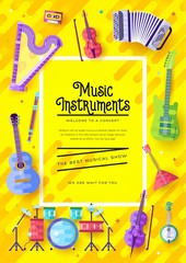 Music instruments  vector brochure cards set.  Audio tools template of flyear, magazines, poster, book cover, banners. Concert invitation concept background. Layout illustration modern page background