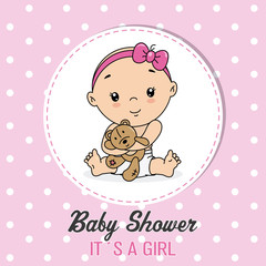 Obraz na płótnie Canvas baby shower card. Little girl with a bear