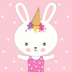 Obraz na płótnie Canvas Beautiful adorable rabbit in a ice cream cap on a pink background.
