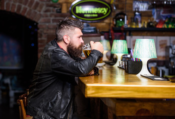 Guy bearded man sit at bar counter in pub. Man with beard spend leisure in dark pub. Brutal hipster relaxing. Weekend lifestyle. Pub great place to dine drink and have fun. Hipster relaxing at pub