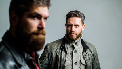 Barbershop concept. Men handsome with beard and mustache facial hair. Barber and beard grooming....