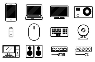 Electronic devices set of twelve (12) vector icons. Phone, laptop, notebook, tv, action camera, usb, mouse, keyboard, web-camera, personal computer, splitter, speakers, adaptor, plug, socket. 