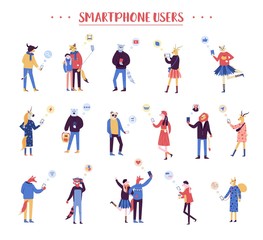 Fototapeta na wymiar Group of male and female cartoon illustration. Characters holding smartphones and texting, taking selfie, talking, listening to music design. Vector flat Crowd of young men and women with mobile